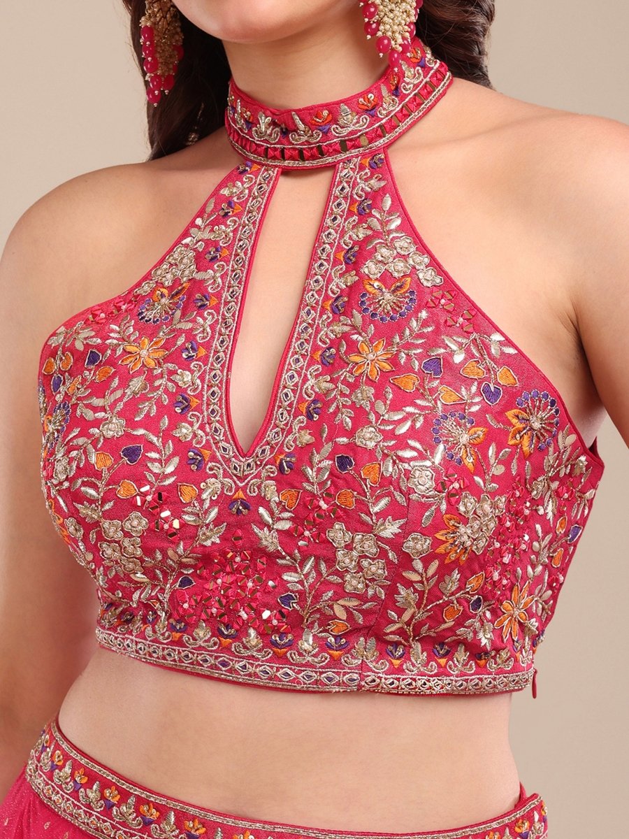 Vibrant Pink Embroidered Viscose Chinon Palazzo Set with Cape - CLOHI