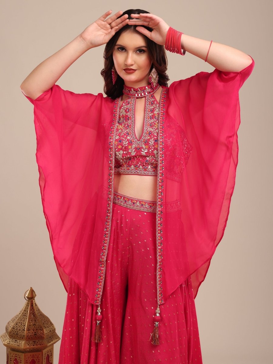 Vibrant Pink Embroidered Viscose Chinon Palazzo Set with Cape - CLOHI