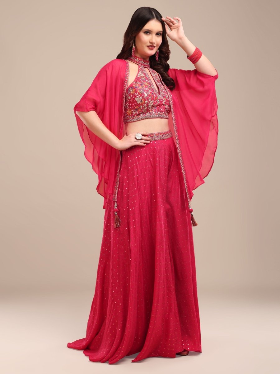 Vibrant Pink Embroidered Viscose Chinon Palazzo Set with Cape - CLOHI