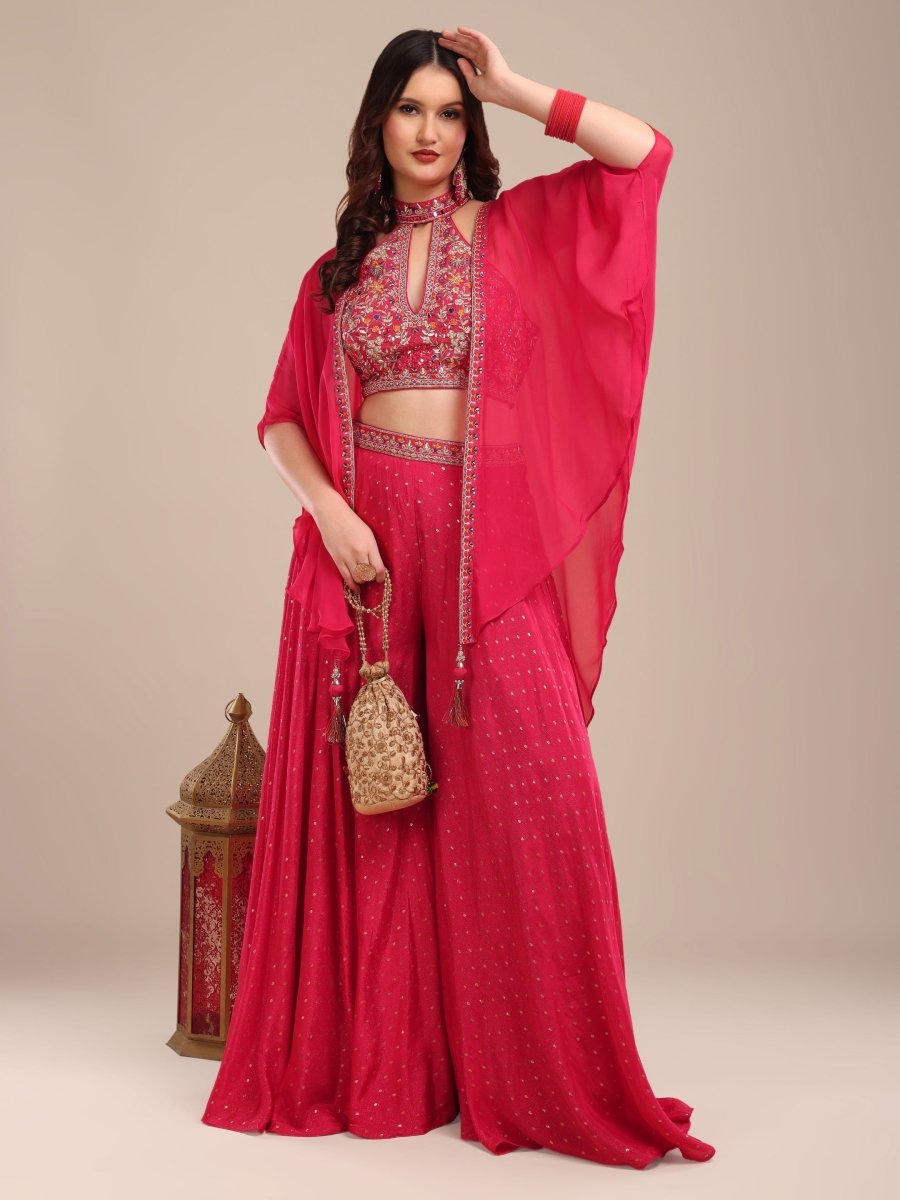 Vibrant Pink Embroidered Viscose Chinon Palazzo Set with Cape - CLOHI