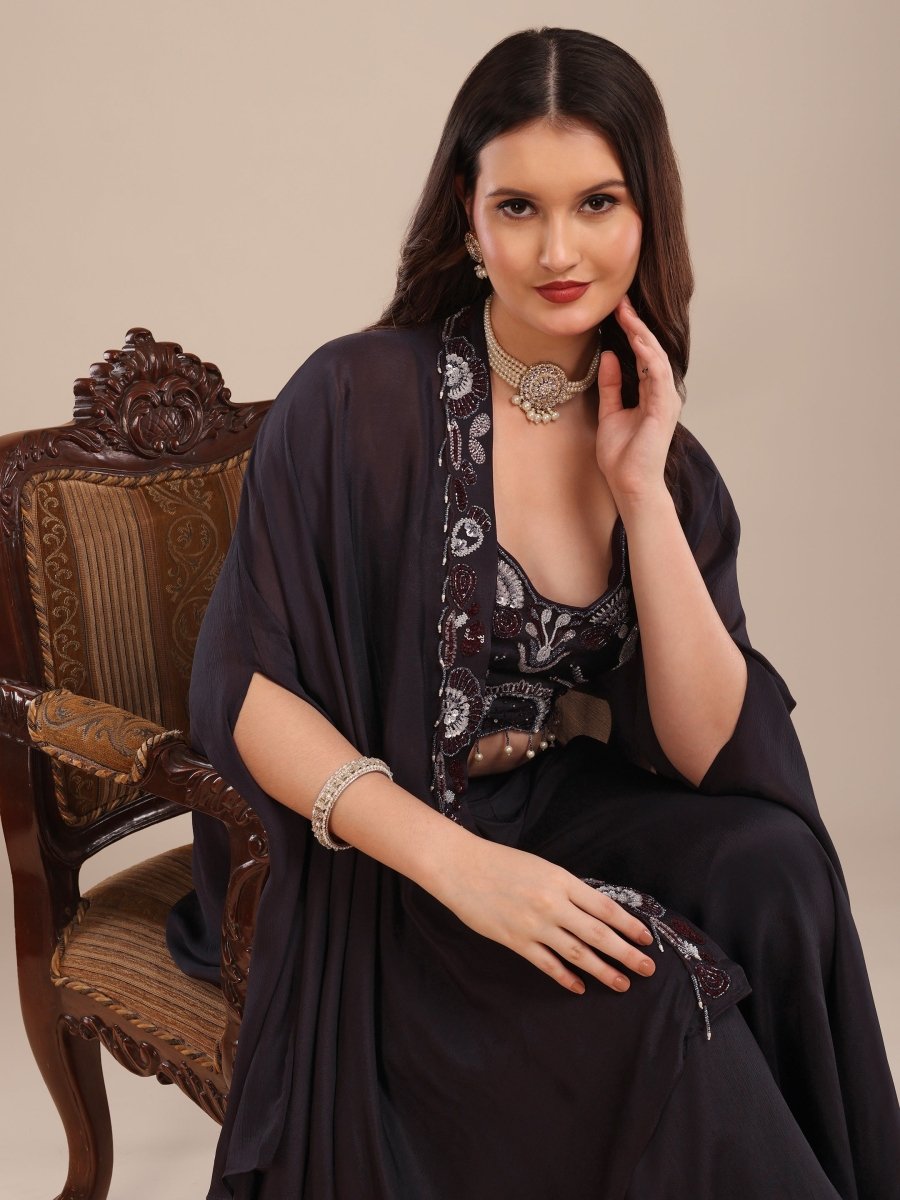 Vibrant Teal Viscose Chinon Shrug Set with Embroidered Crop Top & Palazzo - CLOHI