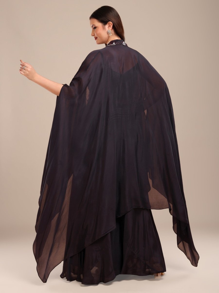 Vibrant Teal Viscose Chinon Shrug Set with Embroidered Crop Top & Palazzo - CLOHI