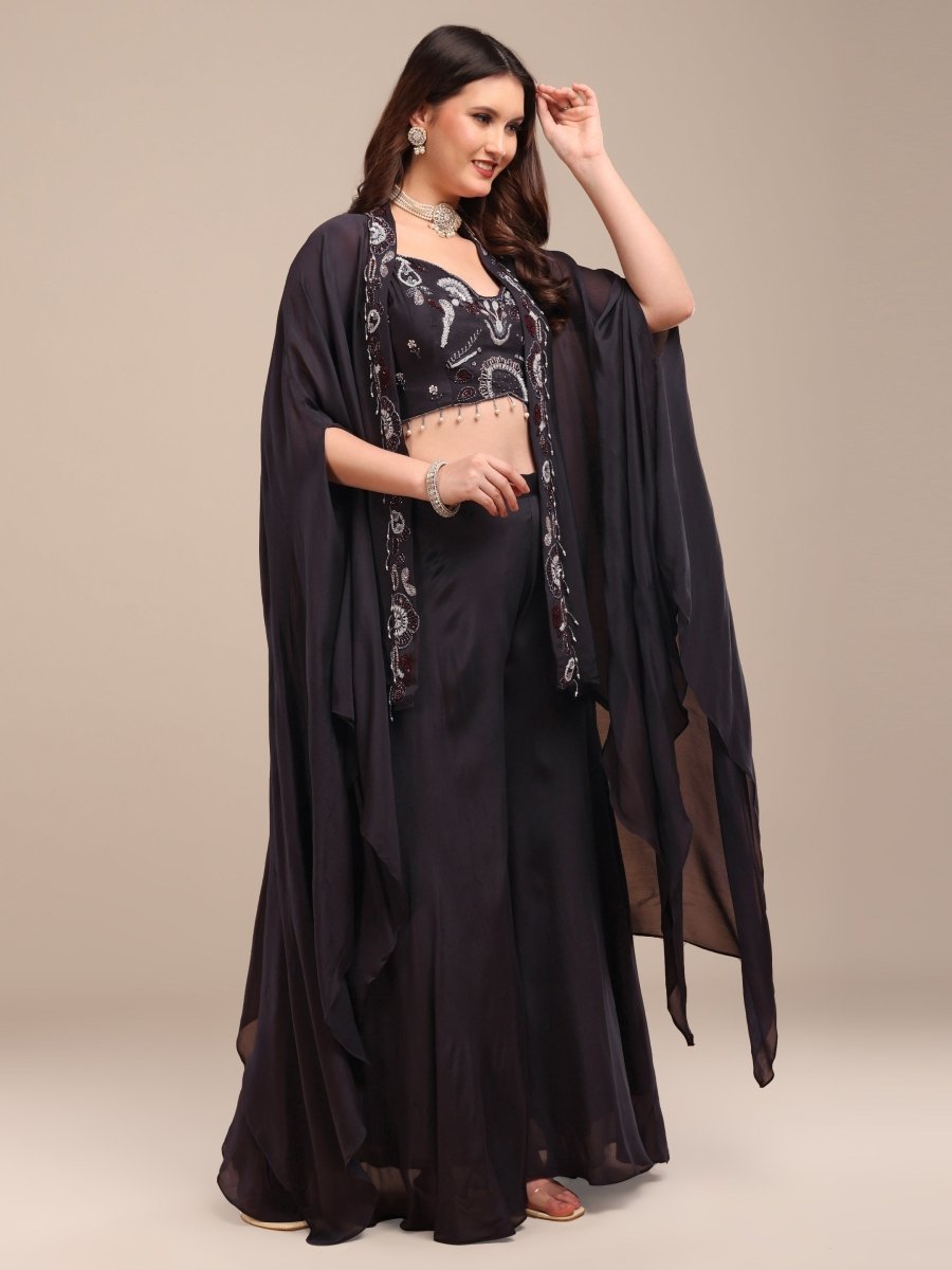 Vibrant Teal Viscose Chinon Shrug Set with Embroidered Crop Top & Palazzo - CLOHI