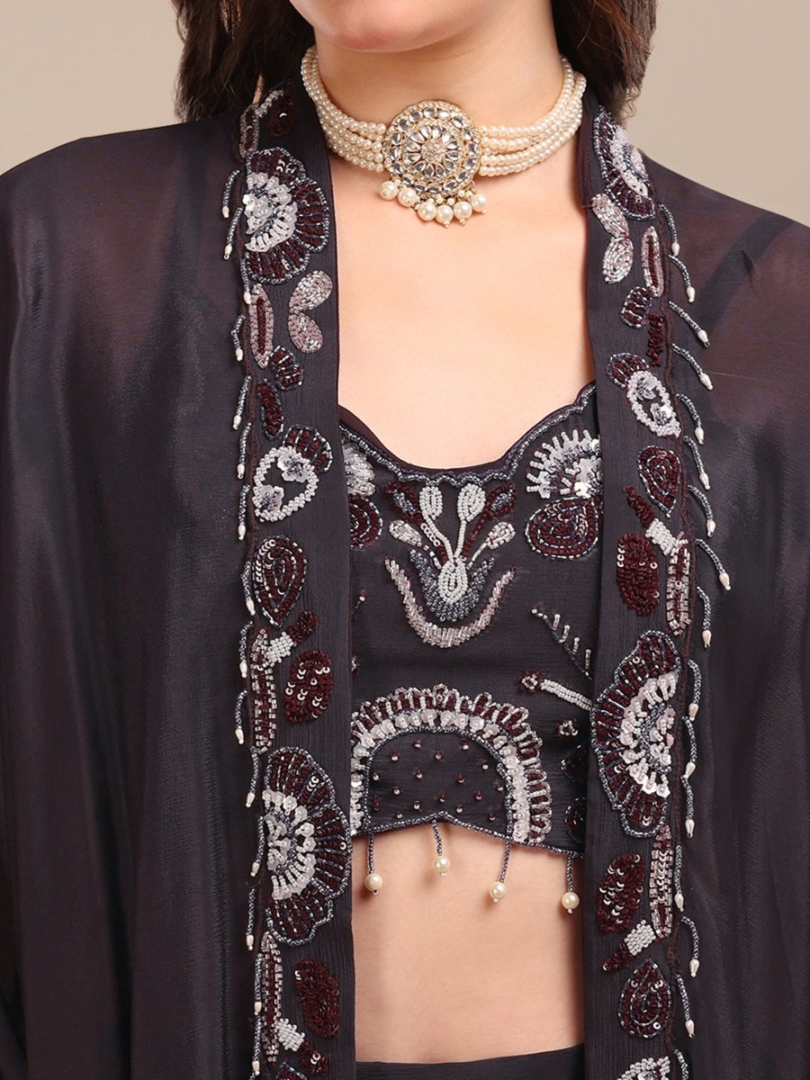 Vibrant Teal Viscose Chinon Shrug Set with Embroidered Crop Top & Palazzo - CLOHI