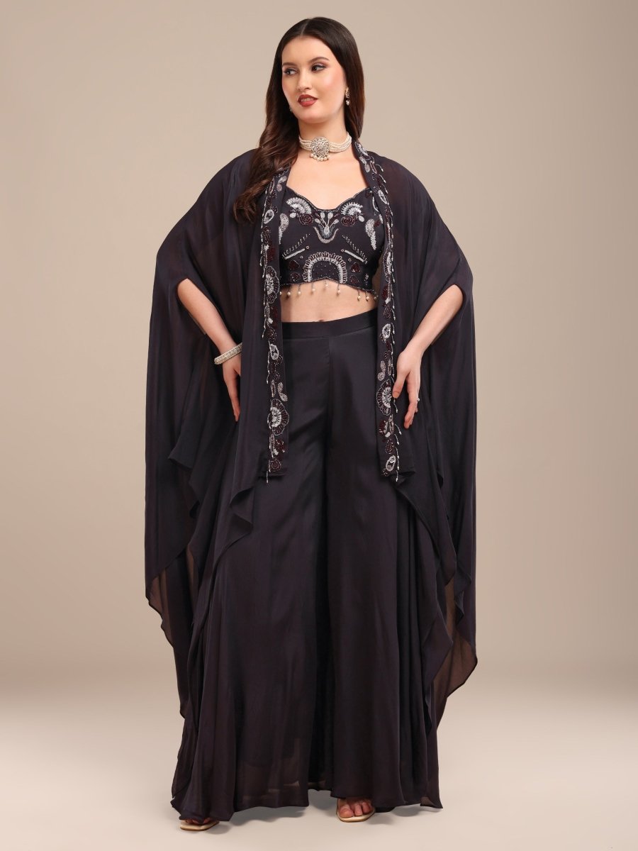 Vibrant Teal Viscose Chinon Shrug Set with Embroidered Crop Top & Palazzo - CLOHI