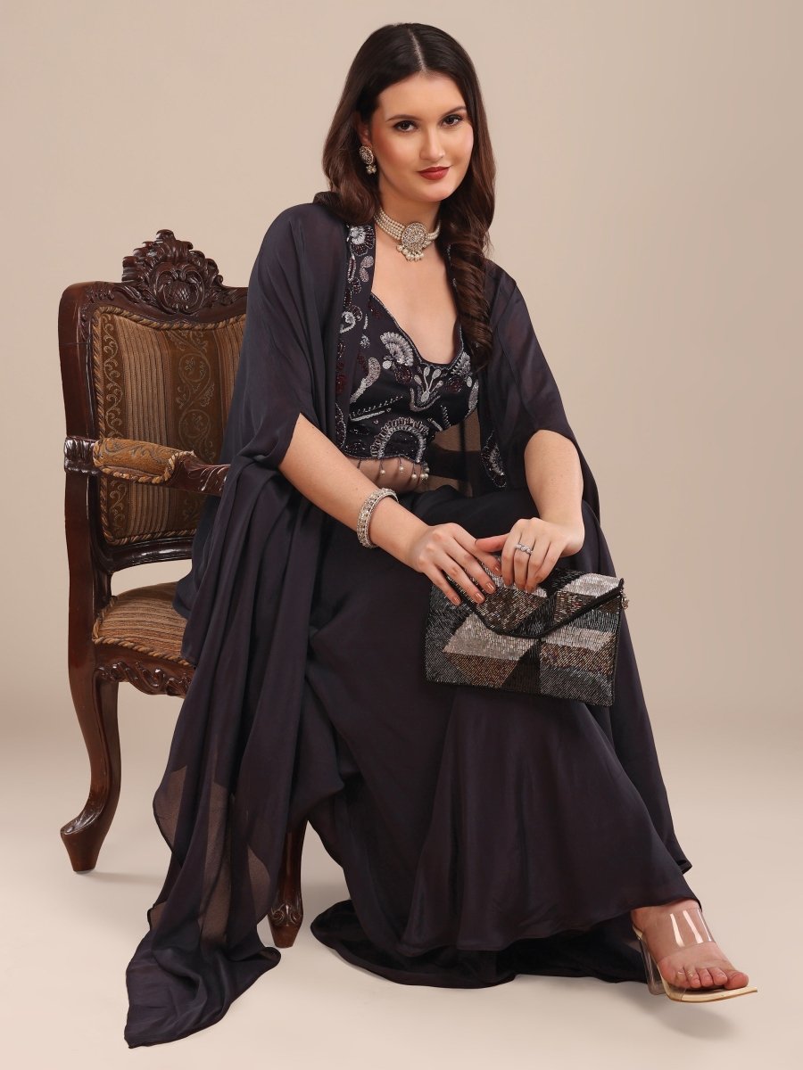 Vibrant Teal Viscose Chinon Shrug Set with Embroidered Crop Top & Palazzo - CLOHI