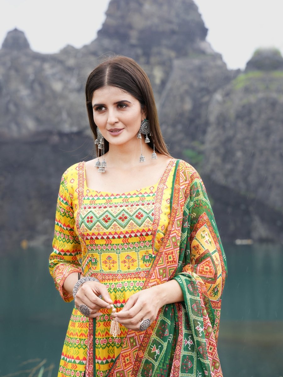 Yellow Patola Print Anarkali Gown Set - CLOHI