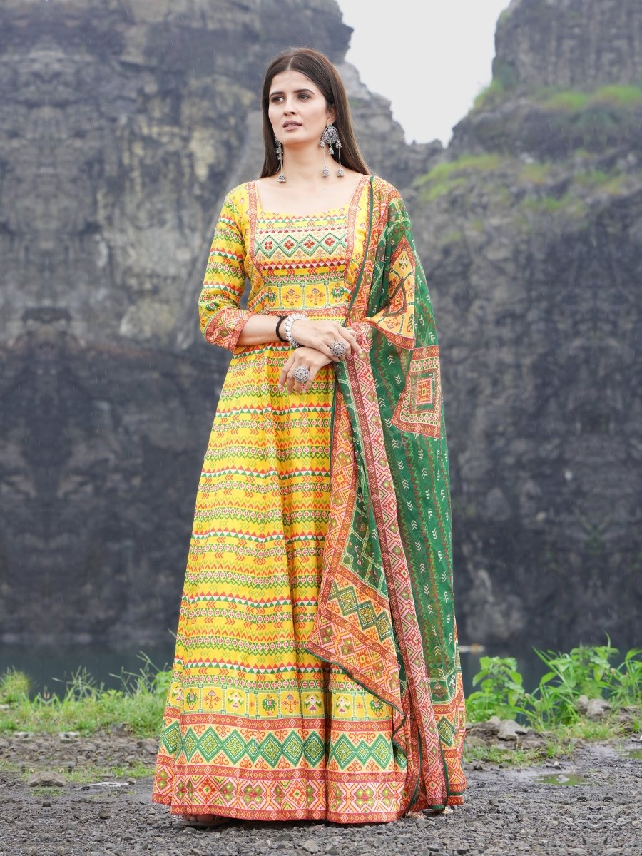 Yellow Patola Print Anarkali Gown Set - CLOHI