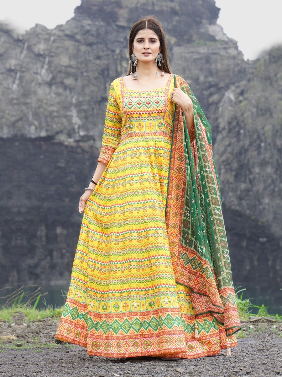 Yellow Patola Print Anarkali Gown Set - CLOHI