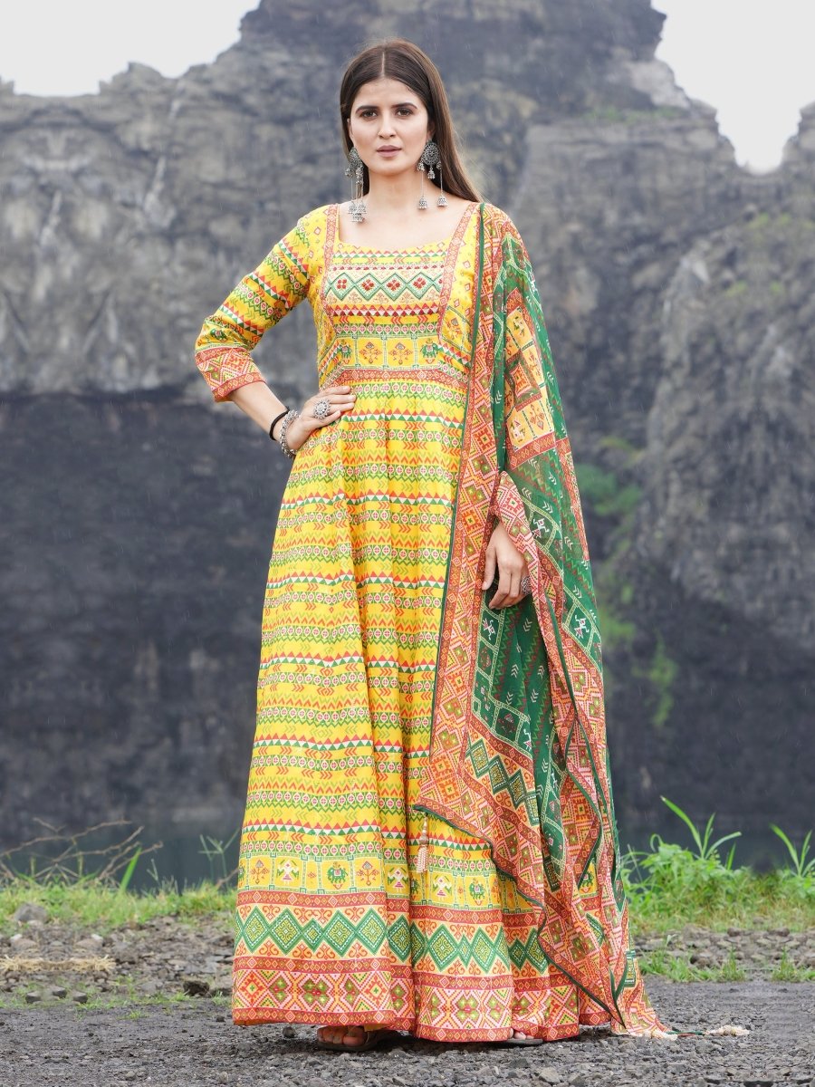Yellow Patola Print Anarkali Gown Set - CLOHI