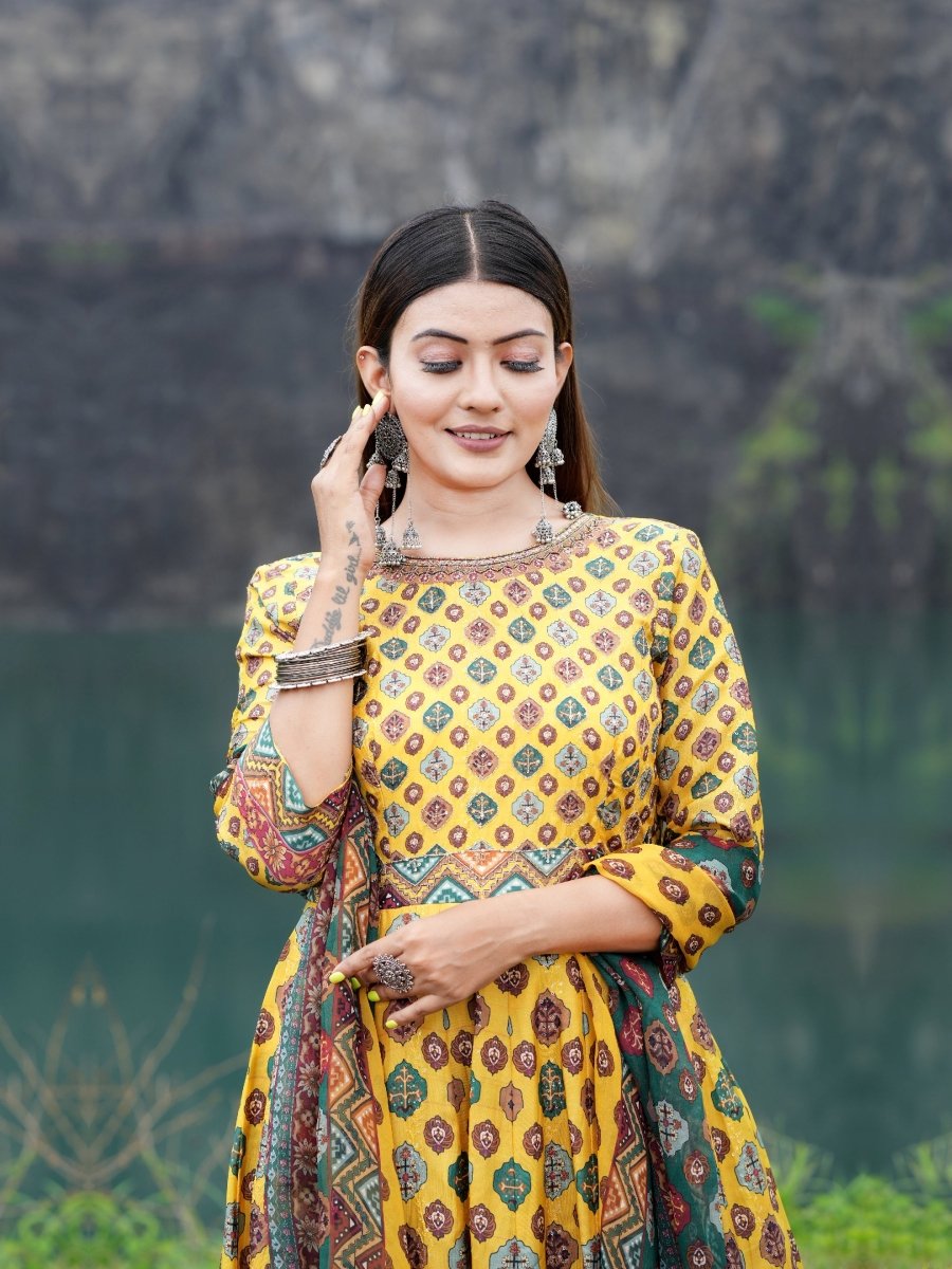 Yellow Patola Printed Upada Silk Gown with Dupatta - CLOHI