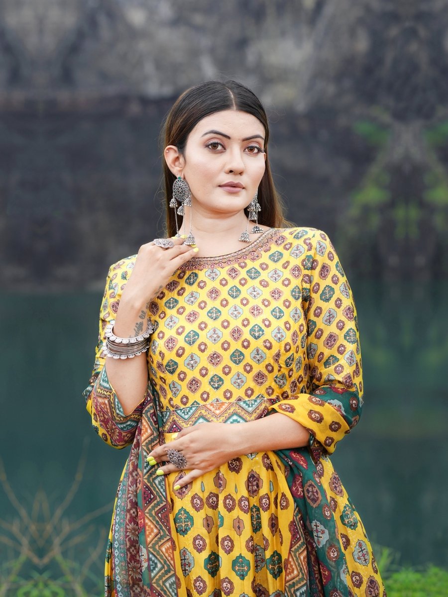Yellow Patola Printed Upada Silk Gown with Dupatta - CLOHI