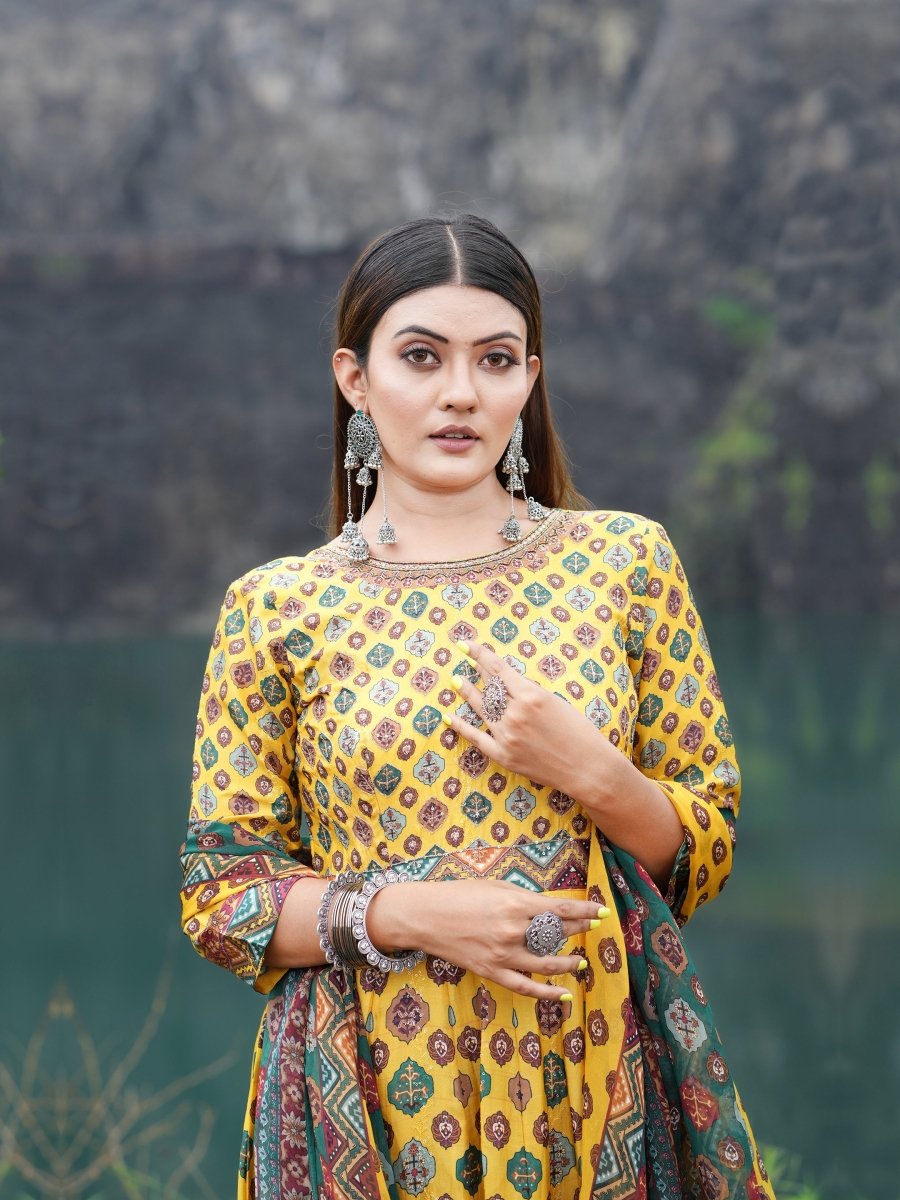 Yellow Patola Printed Upada Silk Gown with Dupatta - CLOHI