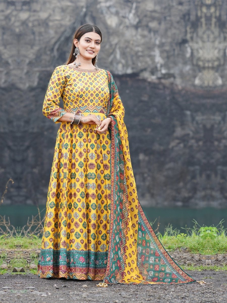 Yellow Patola Printed Upada Silk Gown with Dupatta - CLOHI