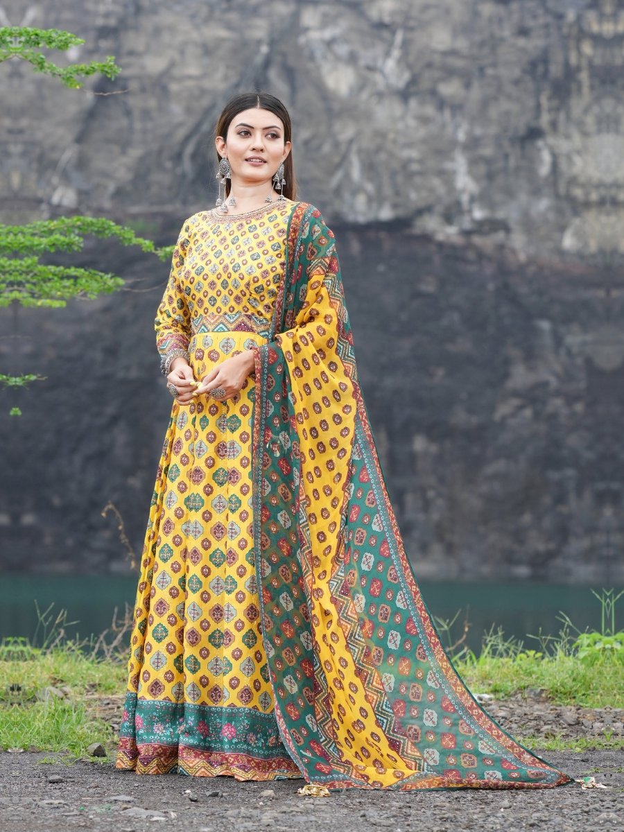 Yellow Patola Printed Upada Silk Gown with Dupatta - CLOHI