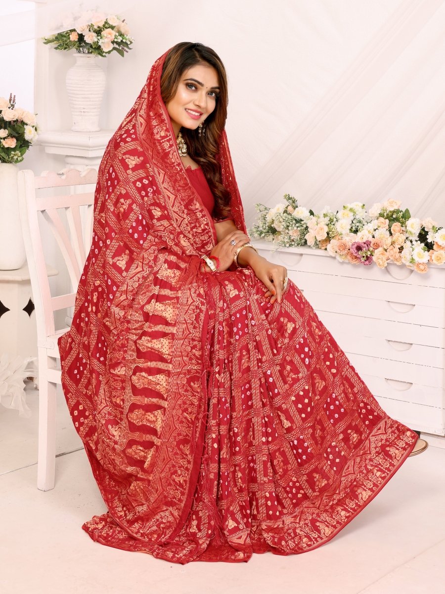 Classic Red Bandhani Saree with Golden Rajasthani Zari Motifs - CLOHI