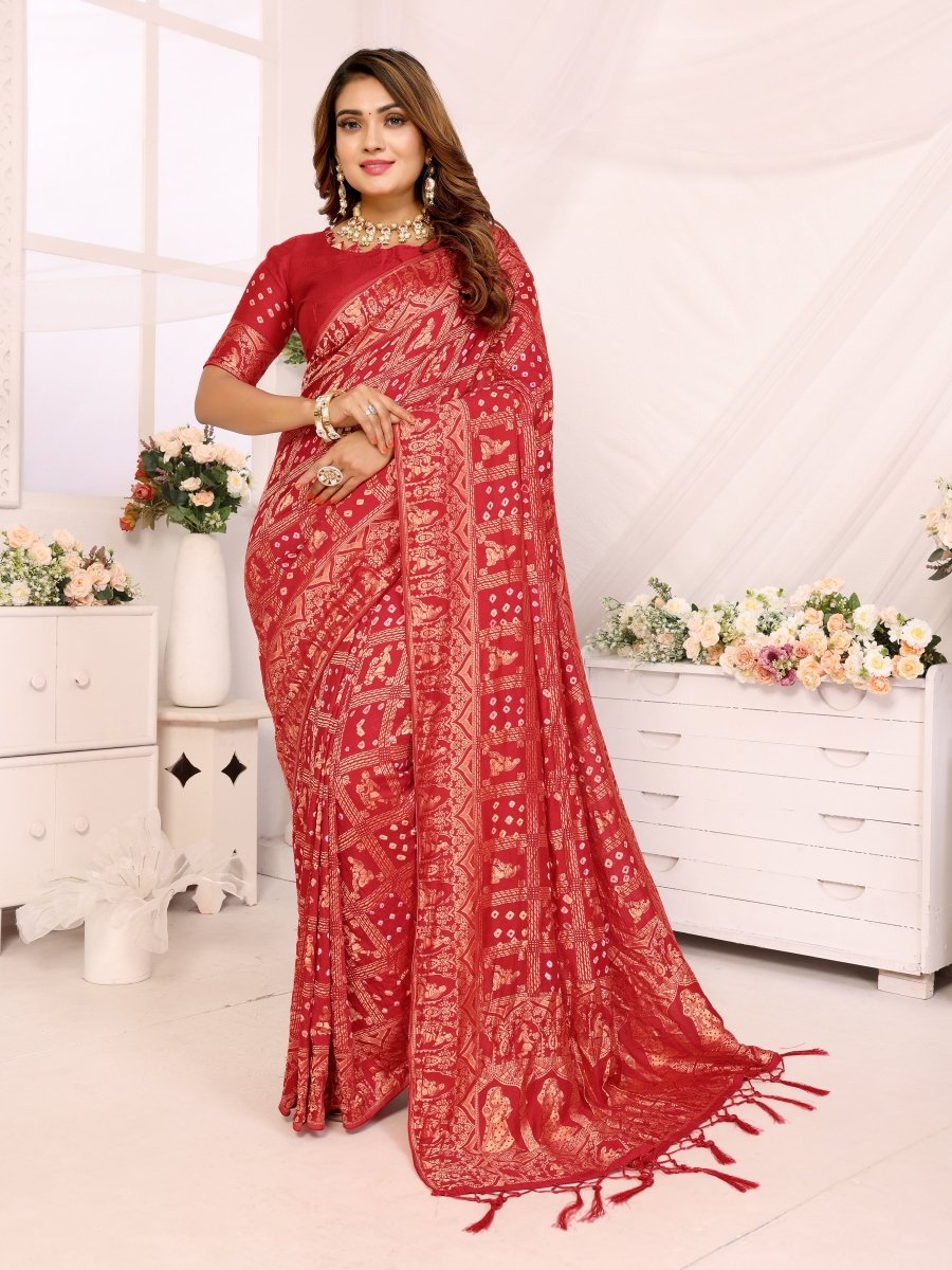 Classic Red Bandhani Saree with Golden Rajasthani Zari Motifs - CLOHI