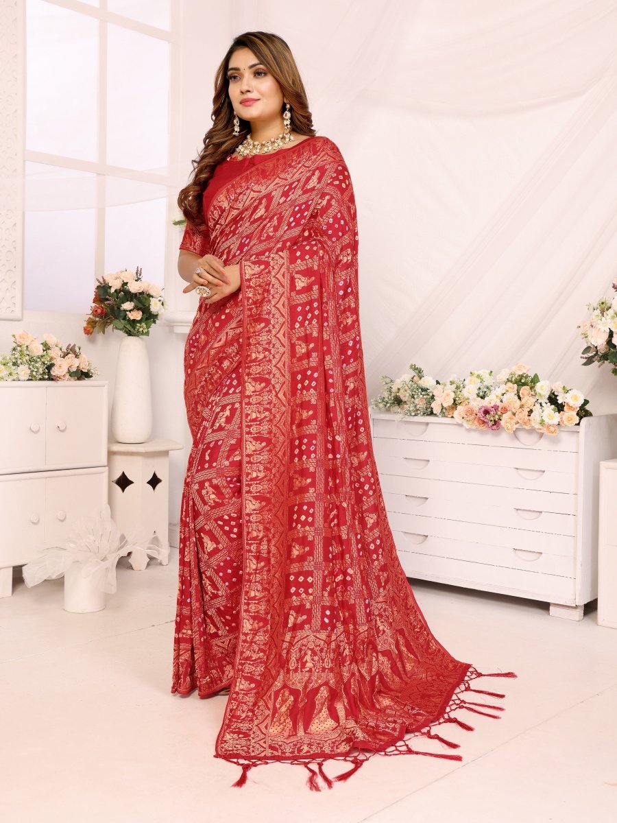 Classic Red Bandhani Saree with Golden Rajasthani Zari Motifs - CLOHI