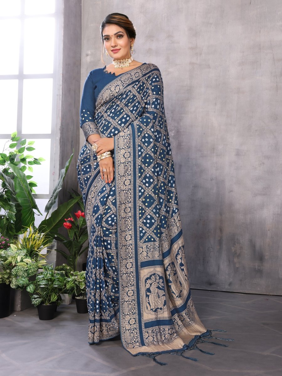 Cyan Blue Jacquard Zari Hand Bandhani Saree with Dandiya Motif - CLOHI