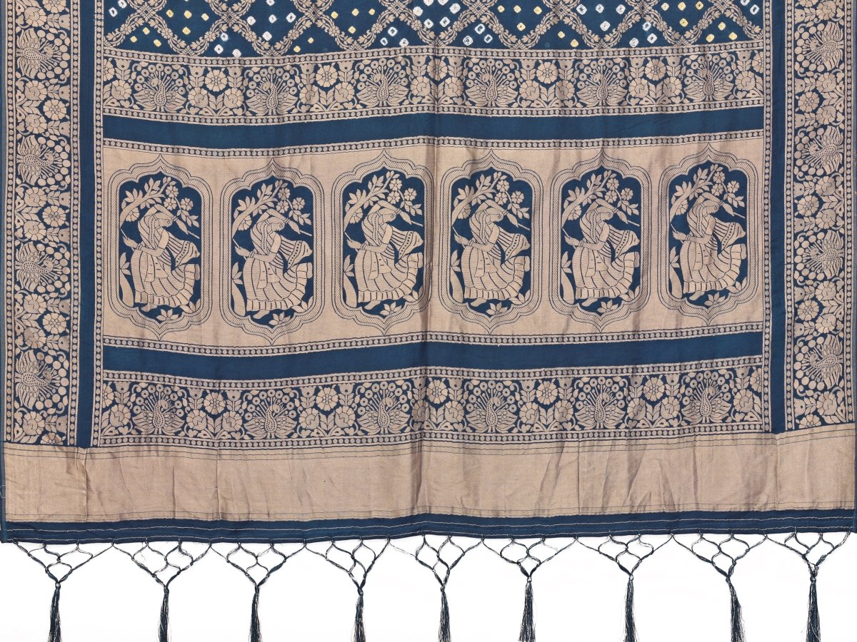 Cyan Blue Jacquard Zari Hand Bandhani Saree with Dandiya Motif - CLOHI