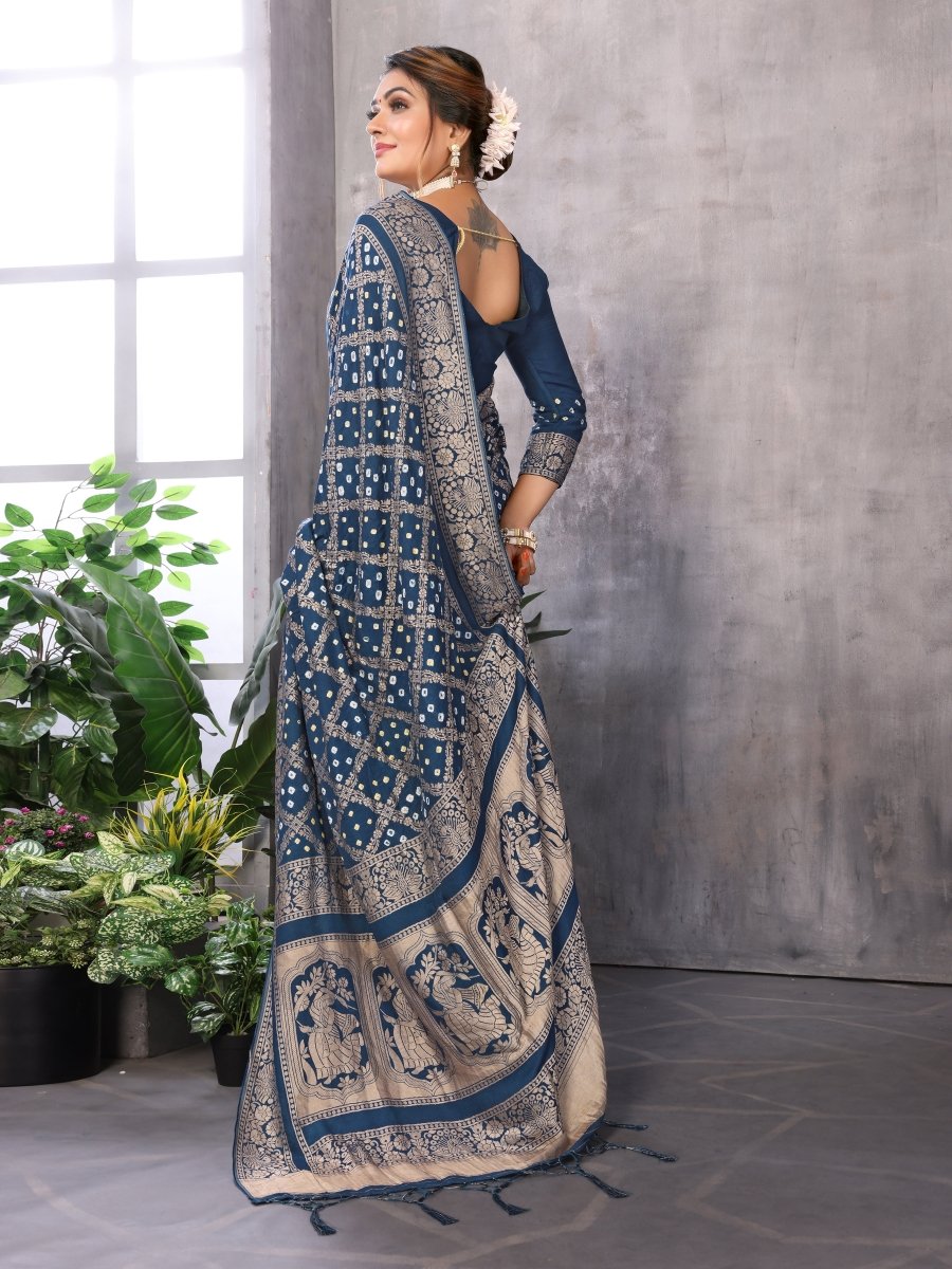 Cyan Blue Jacquard Zari Hand Bandhani Saree with Dandiya Motif - CLOHI