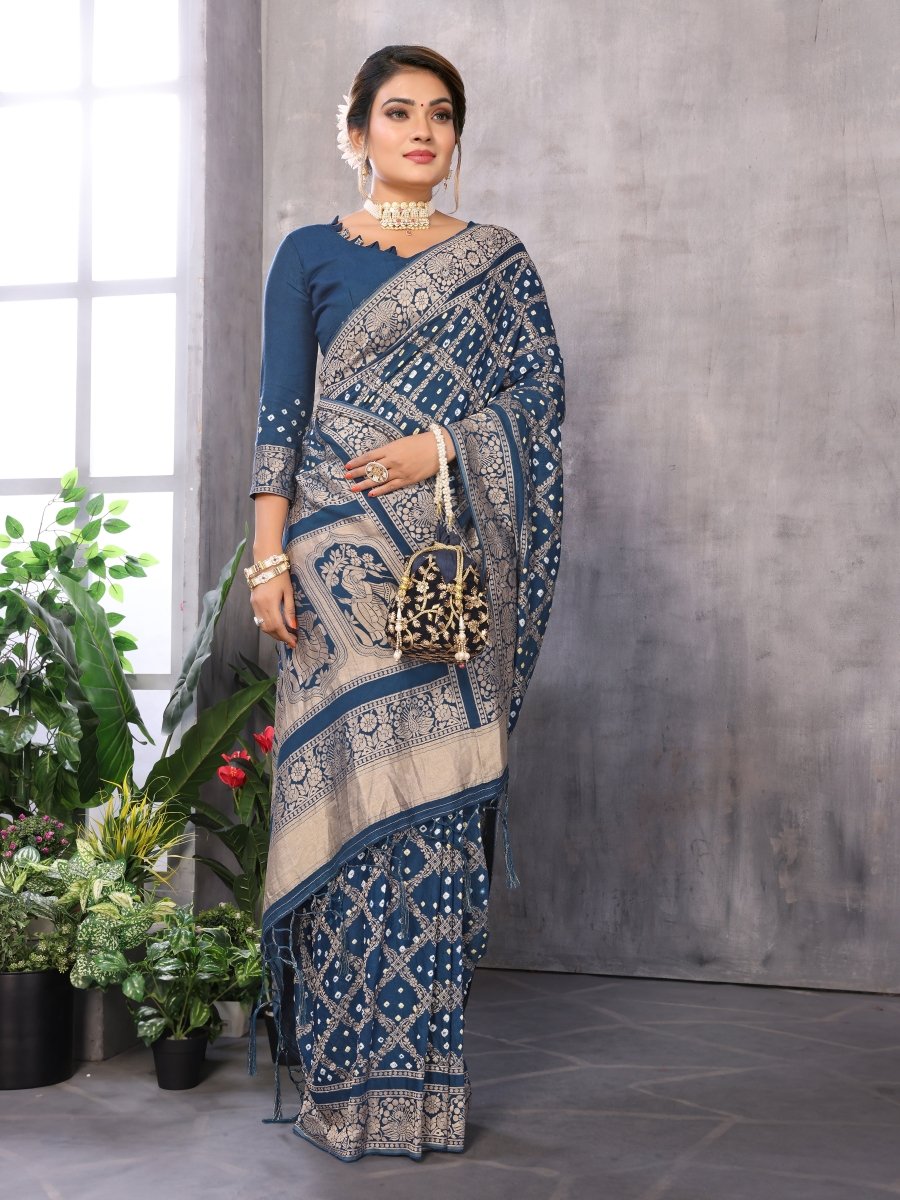 Cyan Blue Jacquard Zari Hand Bandhani Saree with Dandiya Motif - CLOHI