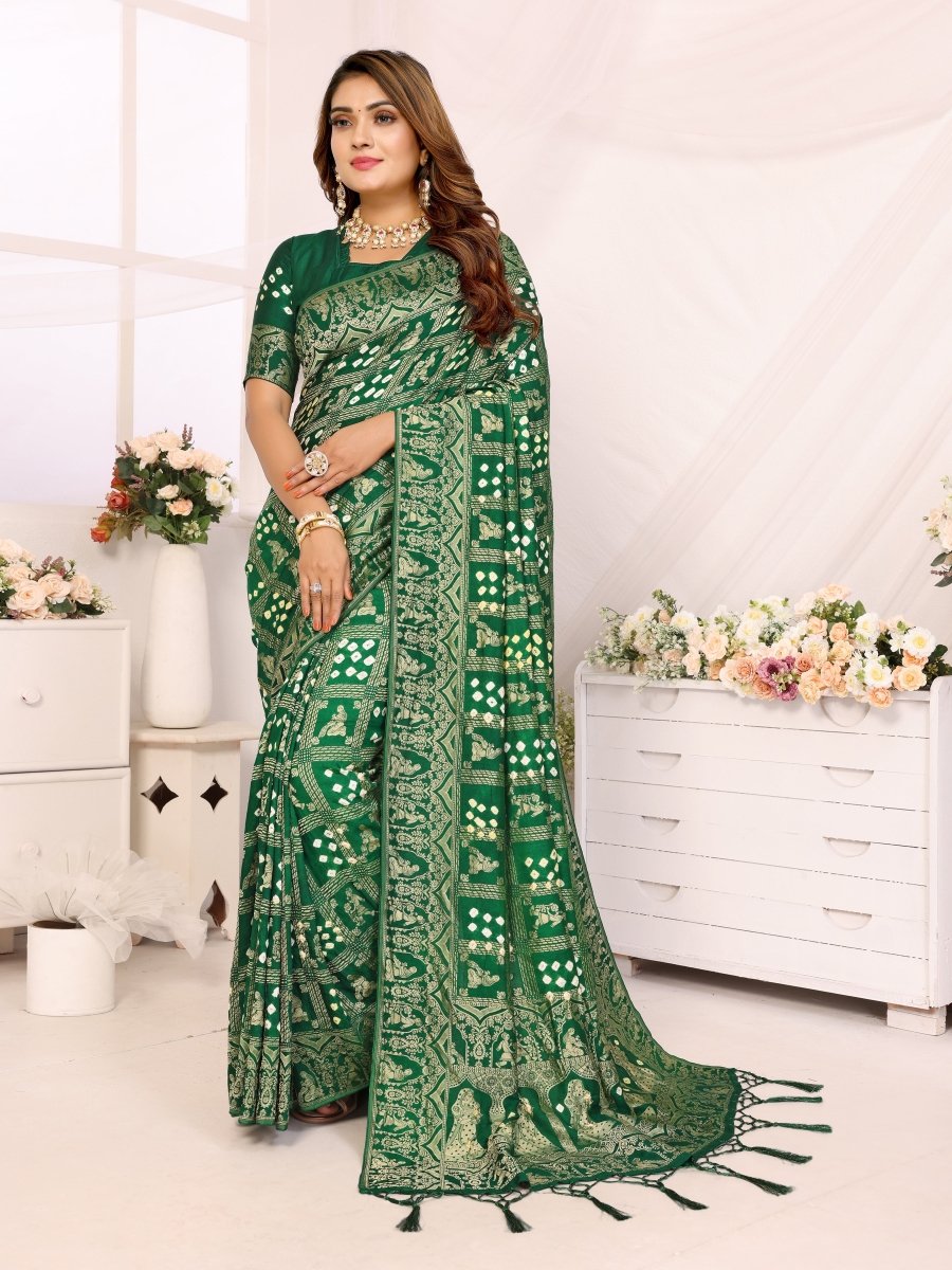 Dark Green Bandhani Saree with Rajasthani Figurative Zari Motifs and Traditional Tassel Pallu - CLOHI
