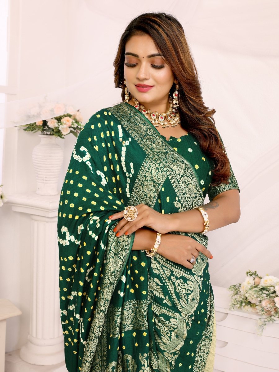 Dark Green Jacquard Zari Bandhani Saree with Shimmering Floral & Paisley Patterns - CLOHI