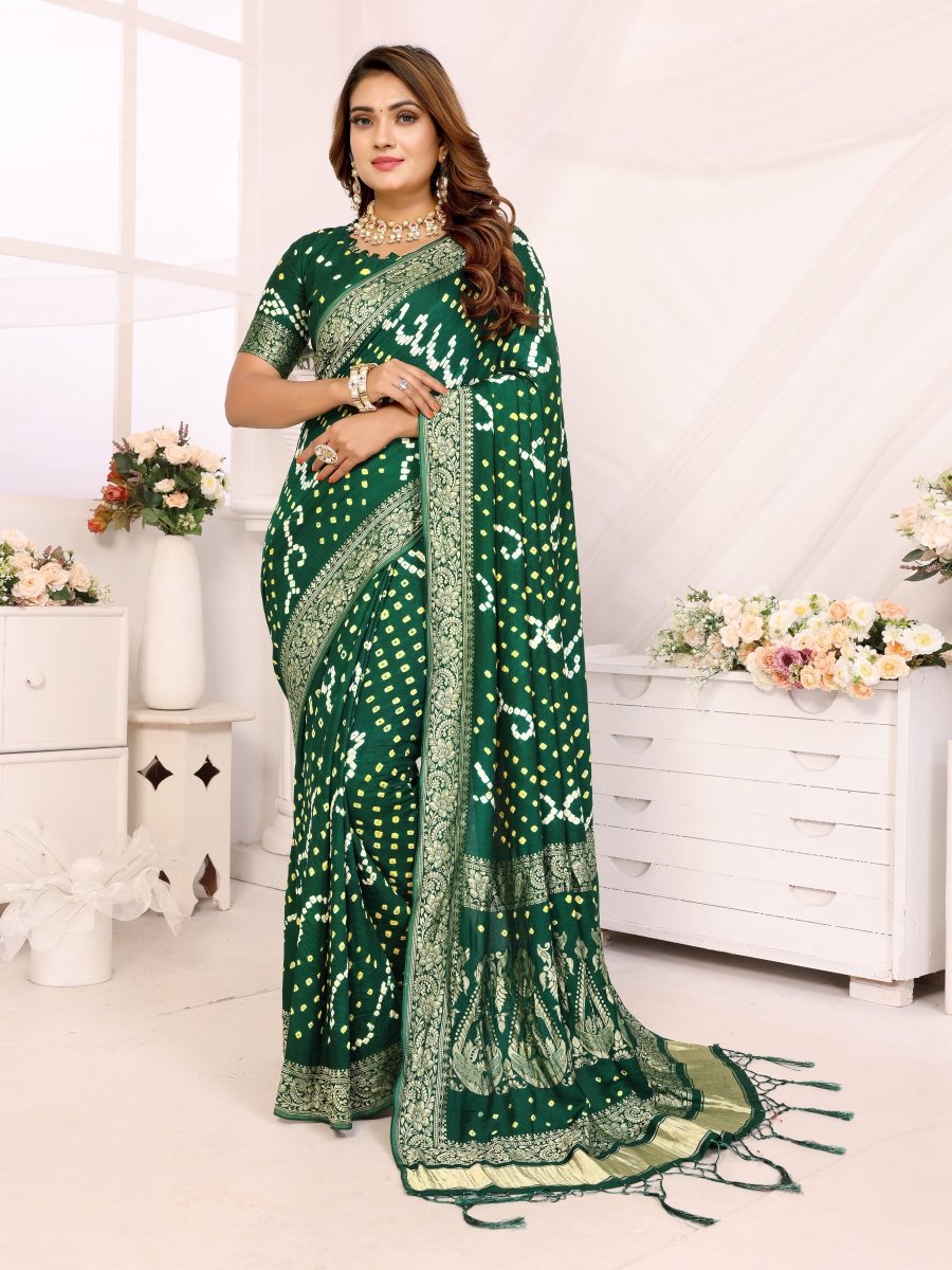 Dark Green Jacquard Zari Bandhani Saree with Shimmering Floral & Paisley Patterns - CLOHI