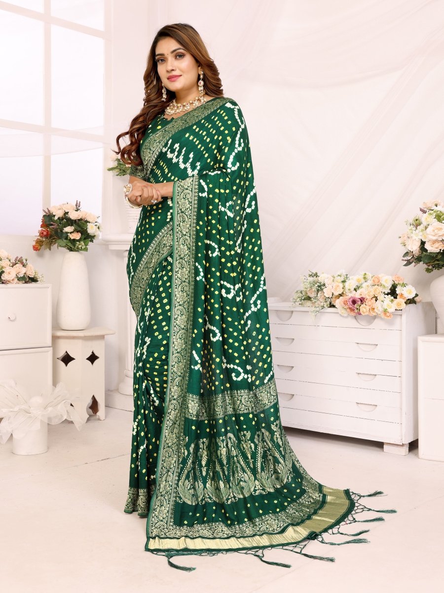 Dark Green Jacquard Zari Bandhani Saree with Shimmering Floral & Paisley Patterns - CLOHI