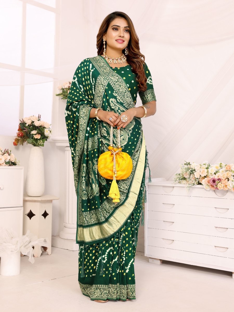 Dark Green Jacquard Zari Bandhani Saree with Shimmering Floral & Paisley Patterns - CLOHI