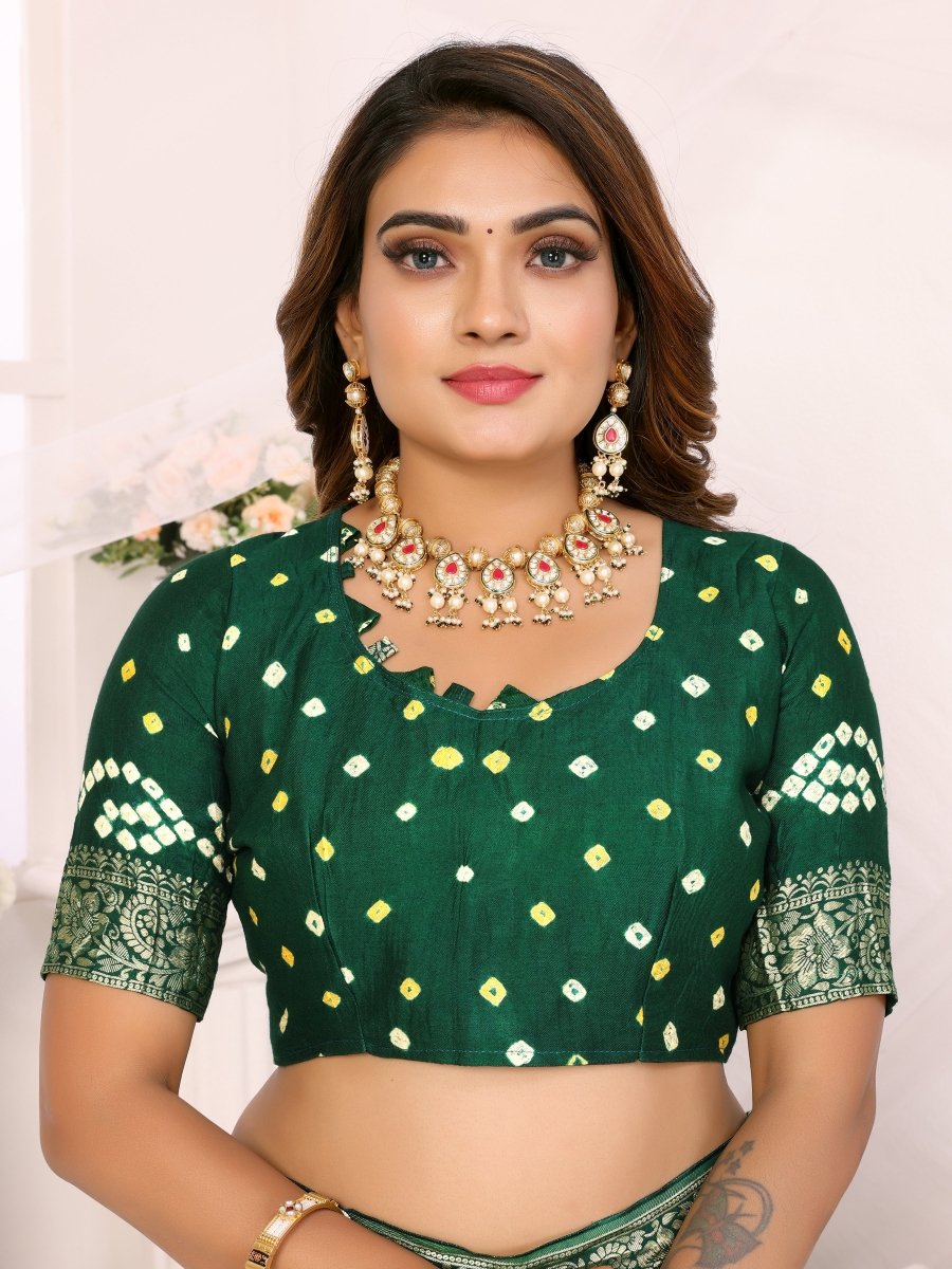 Dark Green Jacquard Zari Bandhani Saree with Shimmering Floral & Paisley Patterns - CLOHI