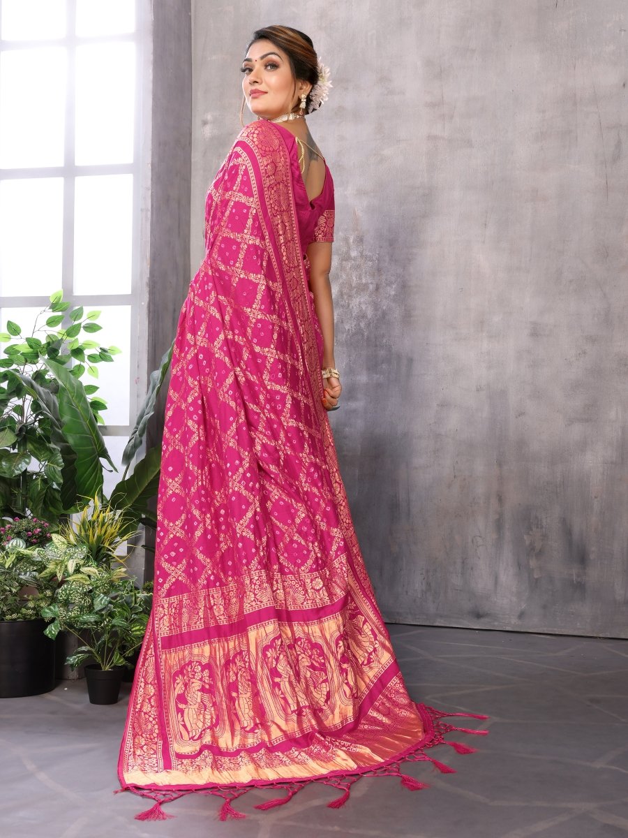 Deep Rose Jacquard Zari Hand Bandhani Saree with Peacock & Dandiya Motifs - CLOHI