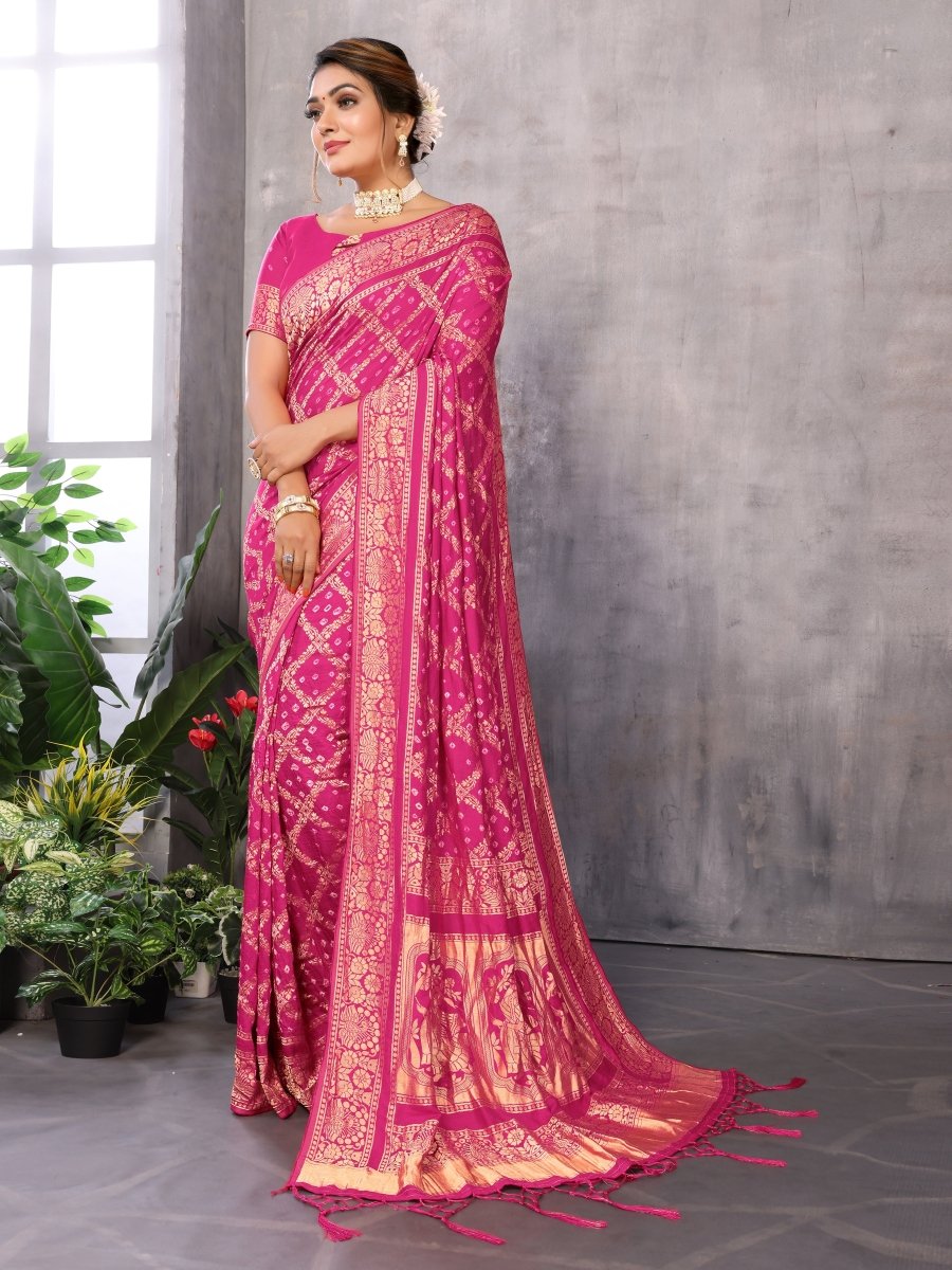 Deep Rose Jacquard Zari Hand Bandhani Saree with Peacock & Dandiya Motifs - CLOHI