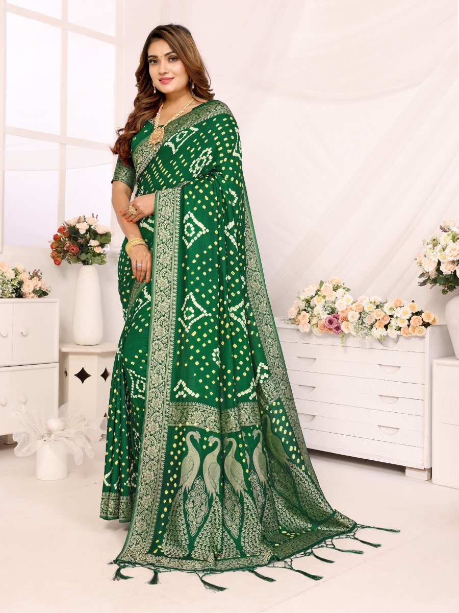 Elegant Green Bandhani Saree with Zari Peacock Motif and Unstitched Blouse - CLOHI