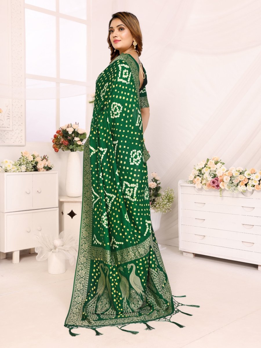 Elegant Green Bandhani Saree with Zari Peacock Motif and Unstitched Blouse - CLOHI