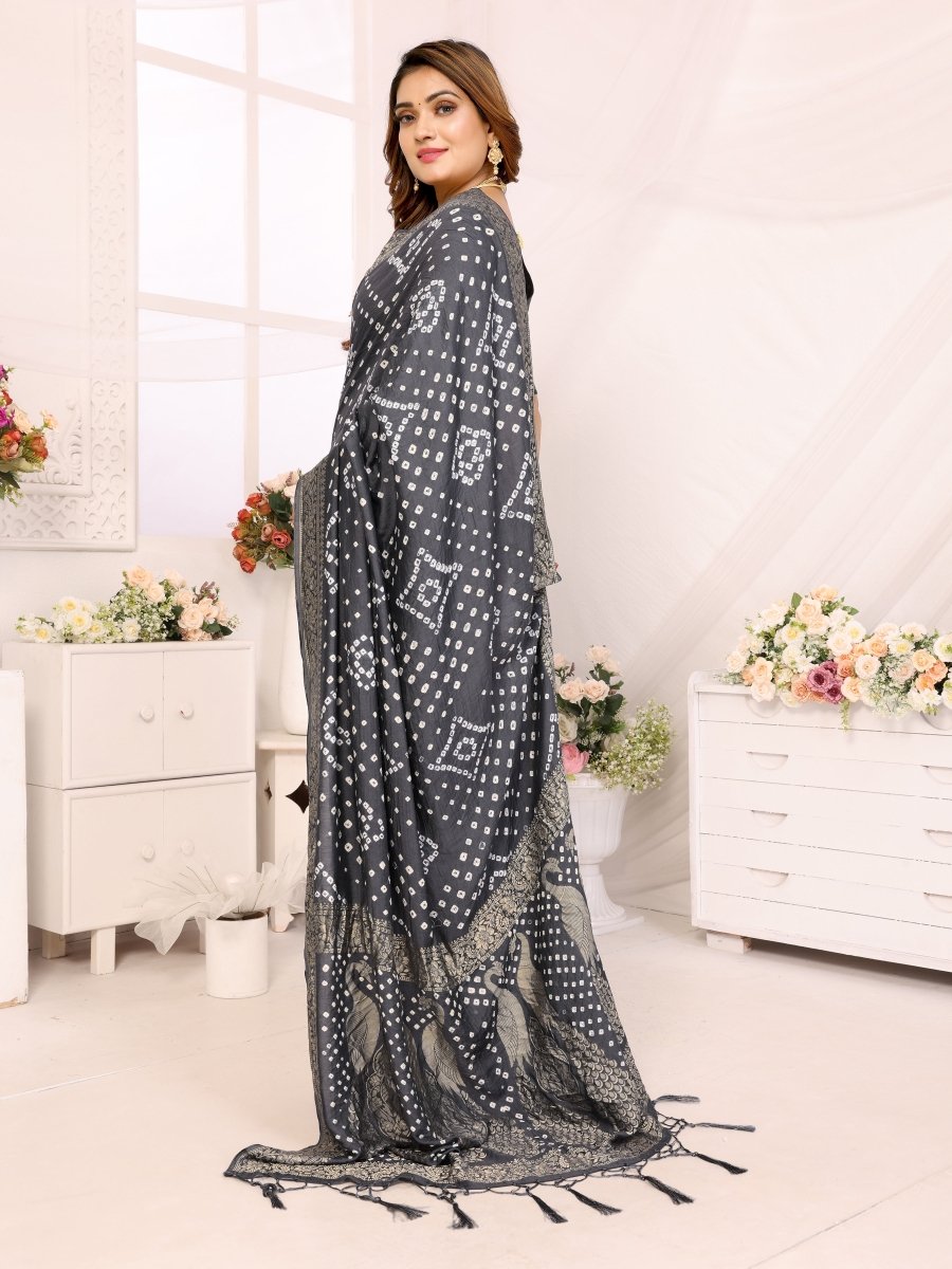 Elegant Grey Bandhani Saree with Zari Peacock Motifs & Unstitched Blouse - CLOHI