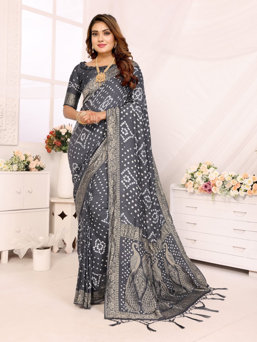 Elegant Grey Bandhani Saree with Zari Peacock Motifs & Unstitched Blouse - CLOHI