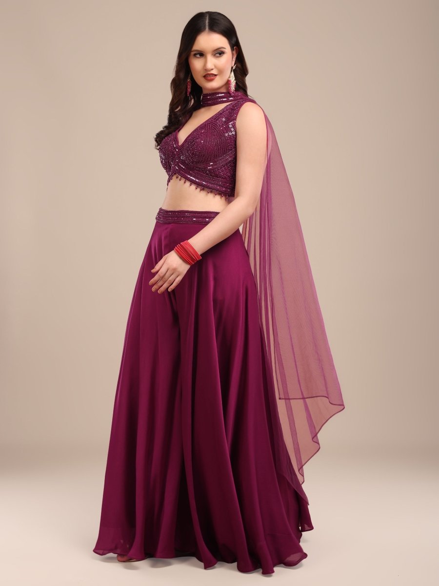 Elegant Wine Embellished Crop Top with Palazzo & Net Dupatta Set - CLOHI