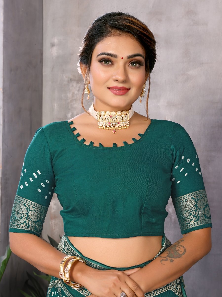 Green Jacquard Zari Hand Bandhani Saree with Peacock & Dandiya Motifs - CLOHI