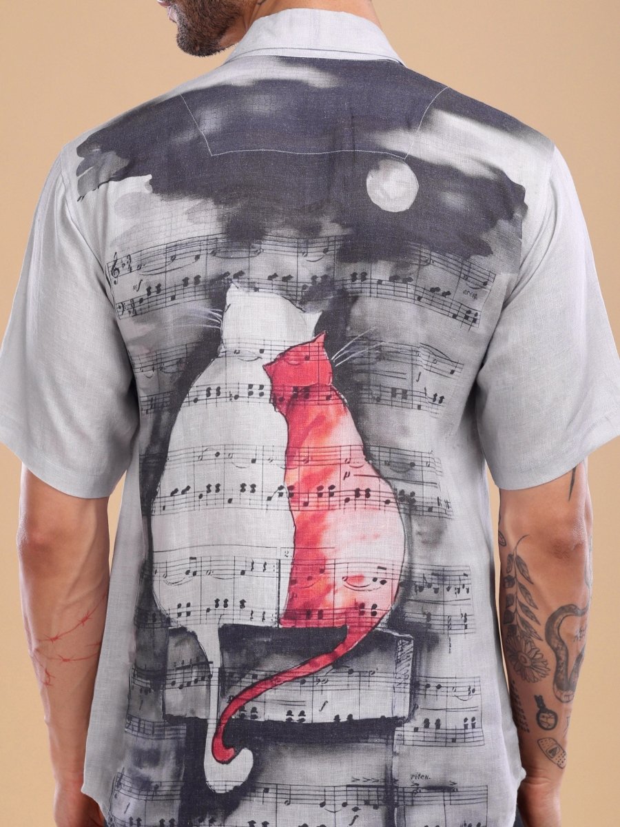 Lavender Grey Linen Shirt with Cat Music Print – Artistic Designer Wear - CLOHI