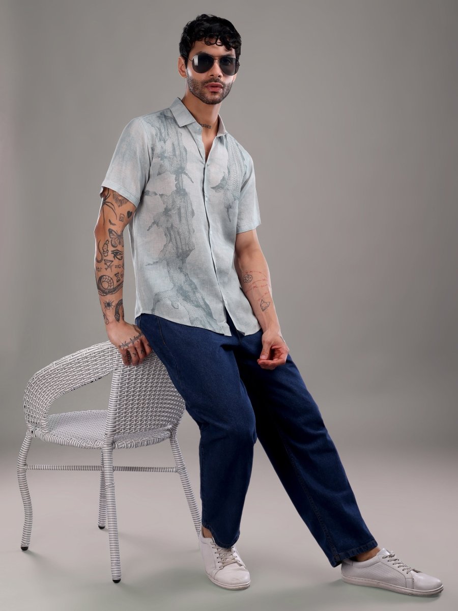 Light Blue Pure Linen Shirt with Surreal Abstract Print - CLOHI