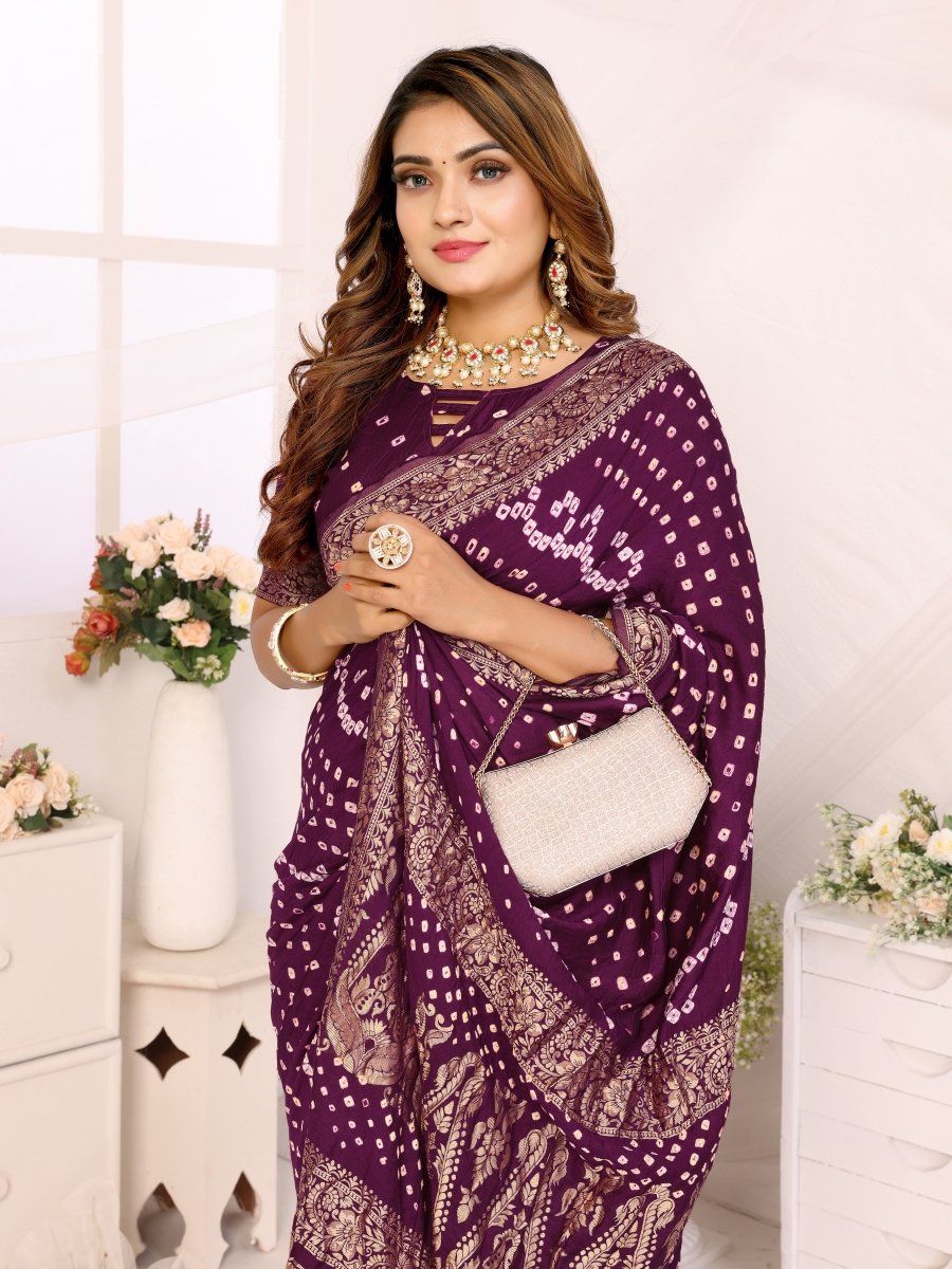 Magenta Bandhani Saree with Floral & Paisley Zari Weaving - CLOHI