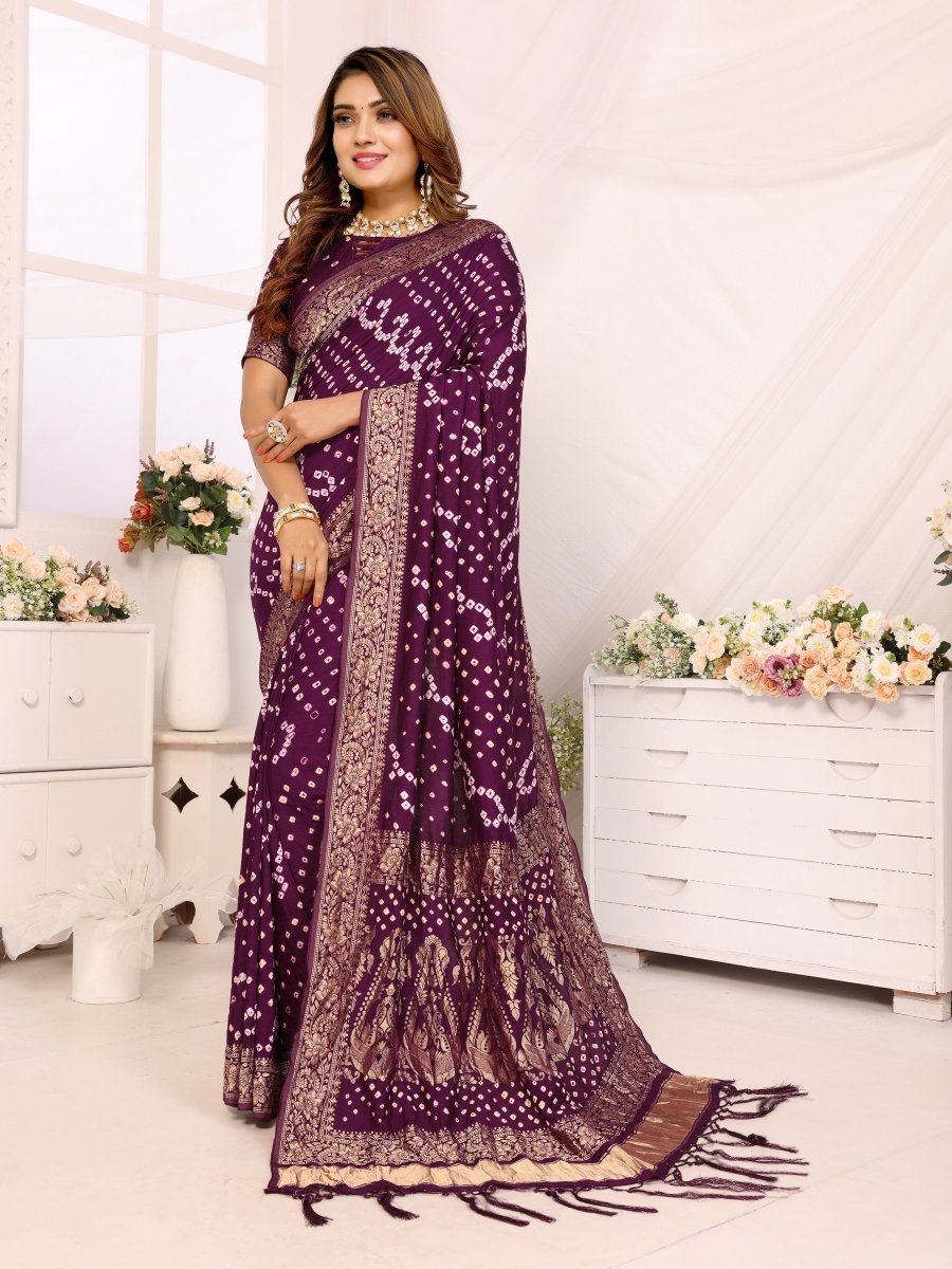 Magenta Bandhani Saree with Floral & Paisley Zari Weaving - CLOHI