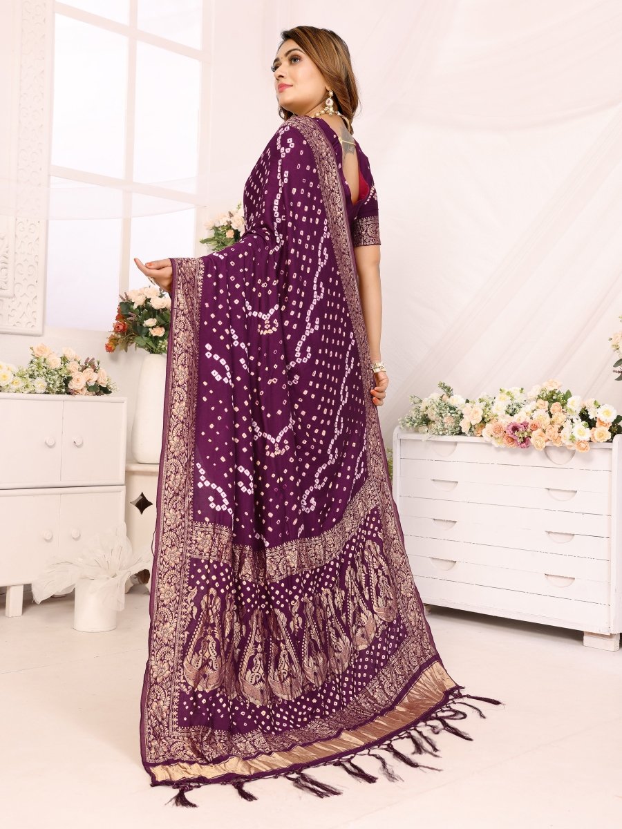 Magenta Bandhani Saree with Floral & Paisley Zari Weaving - CLOHI