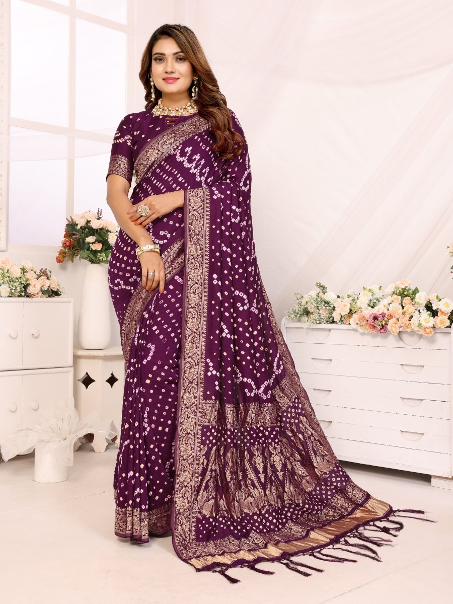 Magenta Bandhani Saree with Floral & Paisley Zari Weaving - CLOHI