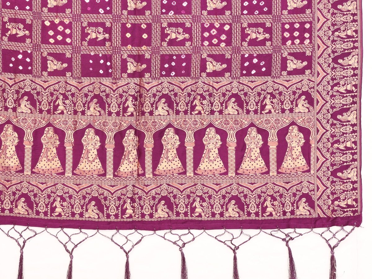 Magenta Bandhani Saree with Rajasthani Figurative Motifs & Traditional Zari Weave - CLOHI