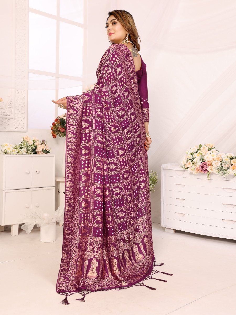 Magenta Bandhani Saree with Rajasthani Figurative Motifs & Traditional Zari Weave - CLOHI