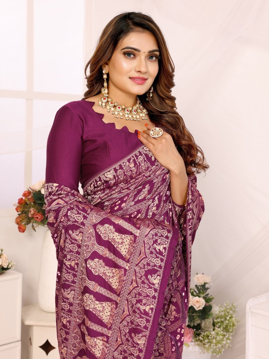 Magenta Bandhani Saree with Rajasthani Figurative Motifs & Traditional Zari Weave - CLOHI