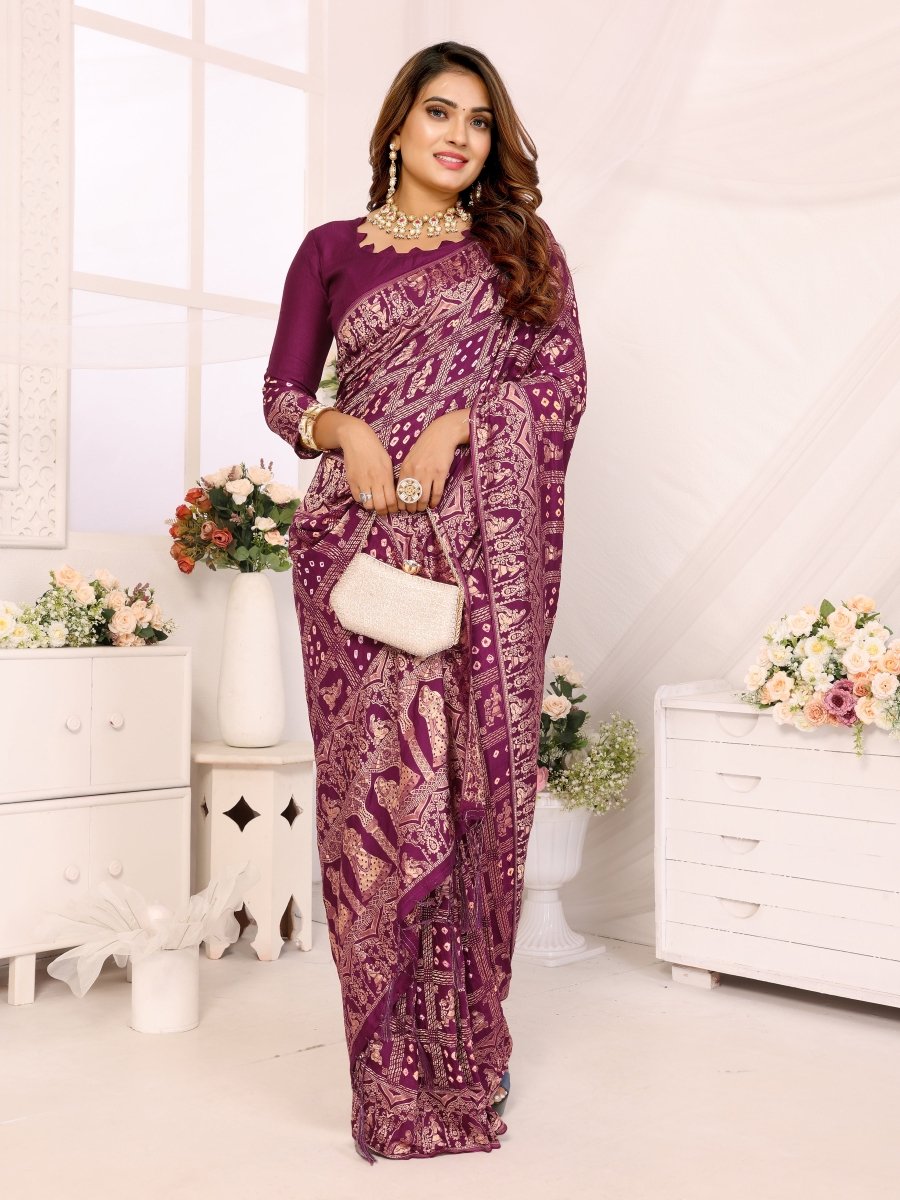 Magenta Bandhani Saree with Rajasthani Figurative Motifs & Traditional Zari Weave - CLOHI